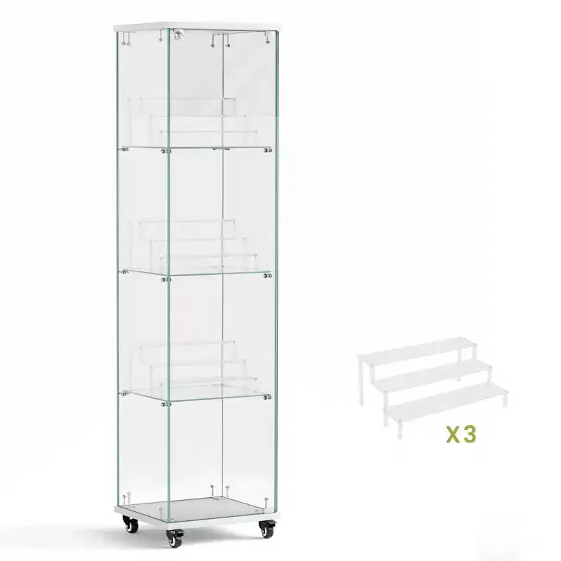Display Cabinet, 4 Tier Storage Cabinet with 1 Doors and Wheels, Freestanding Cabinet for Living Room, Hallway and Office