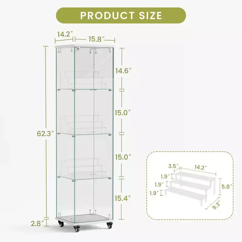 Display Cabinet, 4 Tier Storage Cabinet with 1 Doors and Wheels, Freestanding Cabinet for Living Room, Hallway and Office