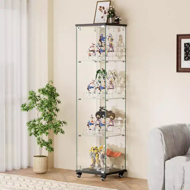 Display Cabinet, 4 Tier Storage Cabinet with 1 Doors and Wheels, Freestanding Cabinet for Living Room, Hallway and Office