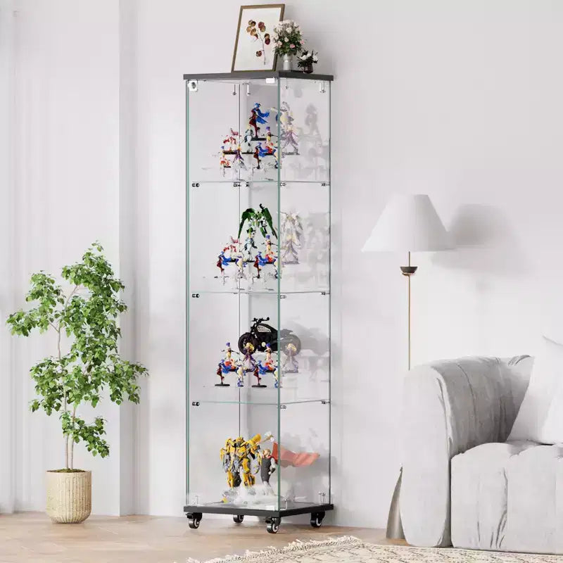 Display Cabinet, 4 Tier Storage Cabinet with 1 Doors and Wheels, Freestanding Cabinet for Living Room, Hallway and Office
