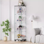 Display Cabinet, 4 Tier Storage Cabinet with 1 Doors and Wheels, Freestanding Cabinet for Living Room, Hallway and Office