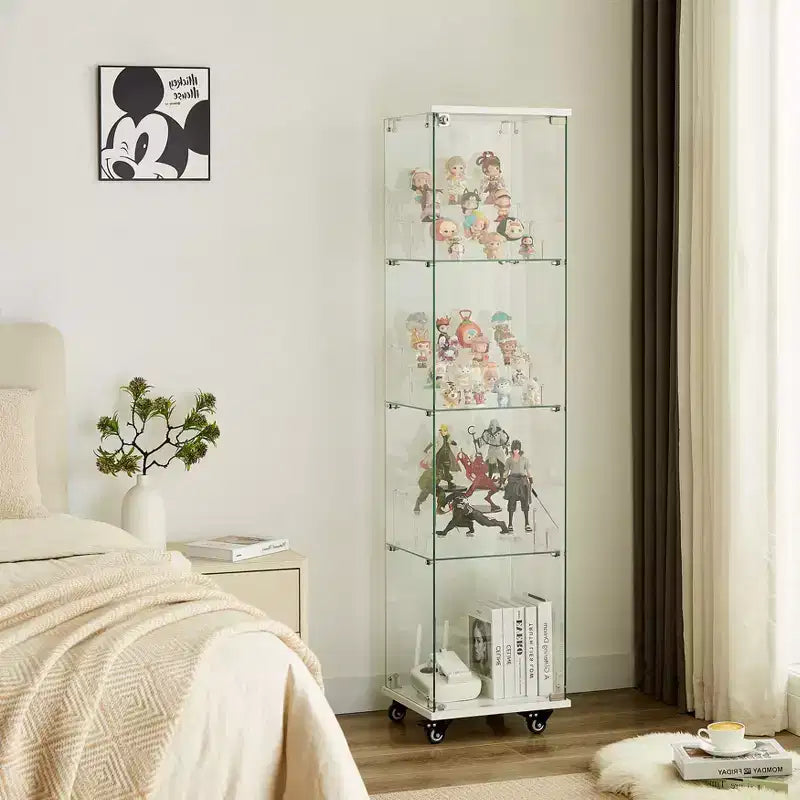 Display Cabinet, 4 Tier Storage Cabinet with 1 Doors and Wheels, Freestanding Cabinet for Living Room, Hallway and Office
