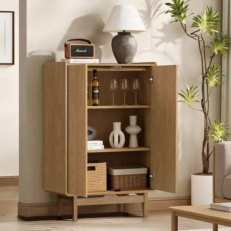 48.7" Tall 2-Door Cabinet with Tray Top – Oak Grain, Japandi Style, Adjustable Shelves