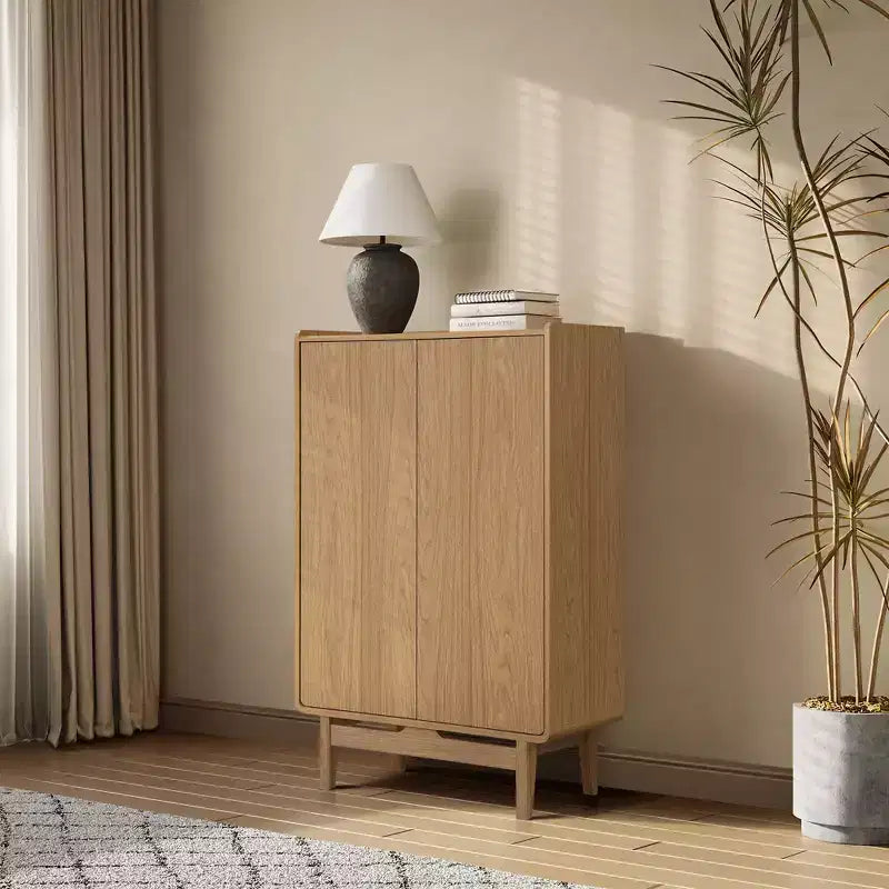 48.7" Tall 2-Door Cabinet with Tray Top – Oak Grain, Japandi Style, Adjustable Shelves