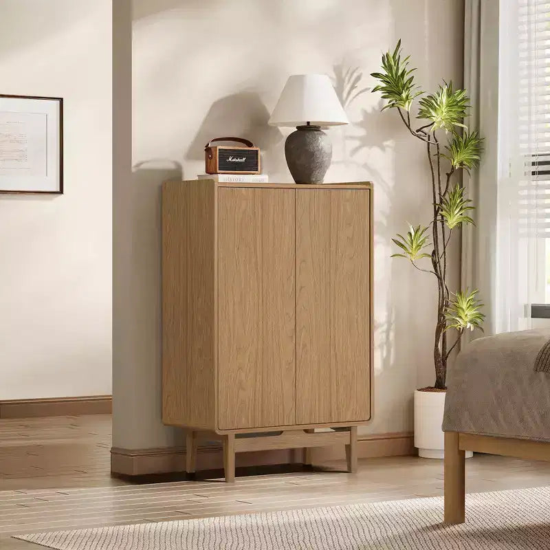 48.7" Tall 2-Door Cabinet with Tray Top – Oak Grain, Japandi Style, Adjustable Shelves