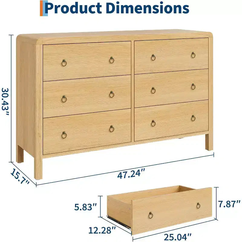 6 Drawer Dresser, Storage Organizer with Sturdy Metal Handle, TV Stand for 55 inch TV, Chest of Drawers for Living Room, Hallway, Closet