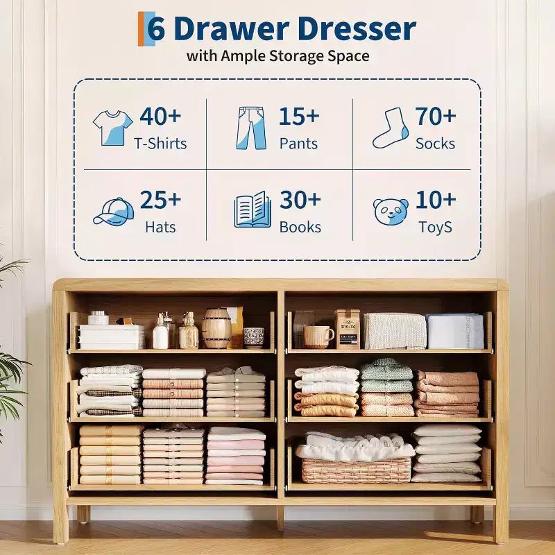 6 Drawer Dresser, Storage Organizer with Sturdy Metal Handle, TV Stand for 55 inch TV, Chest of Drawers for Living Room, Hallway, Closet