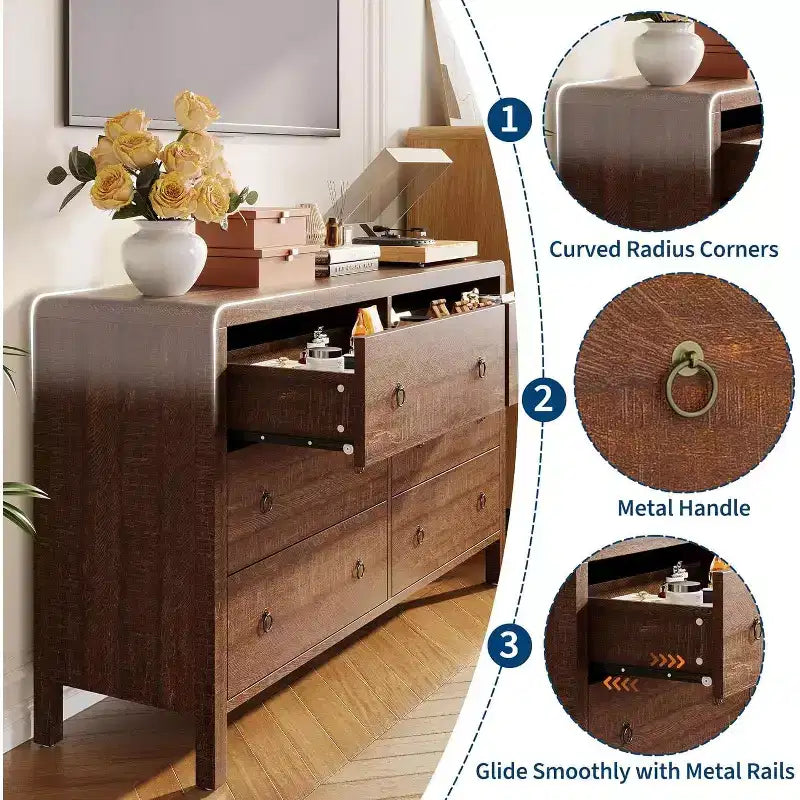 6 Drawer Dresser, Storage Organizer with Sturdy Metal Handle, TV Stand for 55 inch TV, Chest of Drawers for Living Room, Hallway, Closet
