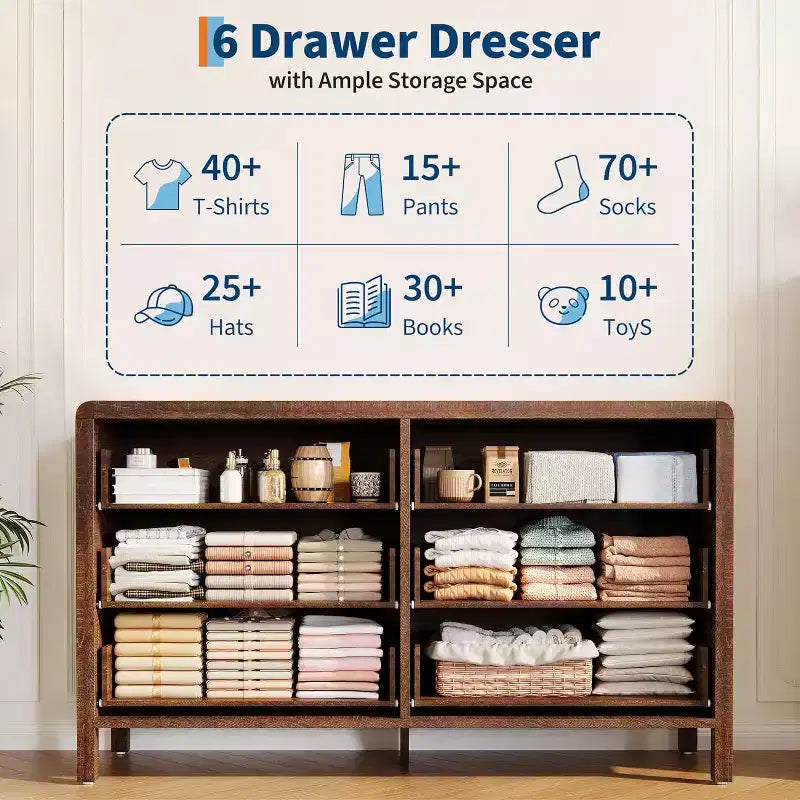 6 Drawer Dresser, Storage Organizer with Sturdy Metal Handle, TV Stand for 55 inch TV, Chest of Drawers for Living Room, Hallway, Closet