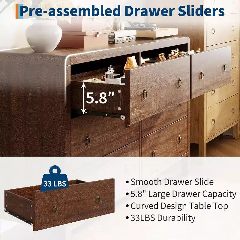 6 Drawer Dresser, Storage Organizer with Sturdy Metal Handle, TV Stand for 55 inch TV, Chest of Drawers for Living Room, Hallway, Closet