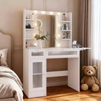 Dyonery white dressing table is equipped with a mirror and a desk lamp, and comes with a USB charging port. There are cabinets and drawers