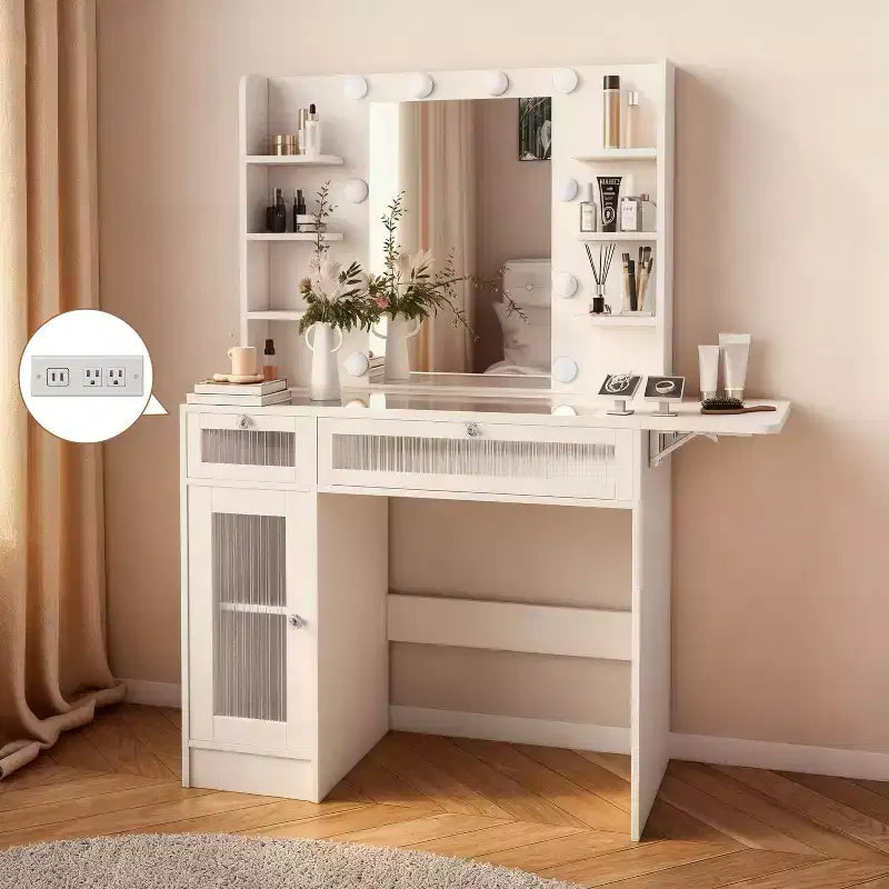 White Vanity Dressing Table with RGB Lighting, Mirror, USB & Power Outlets