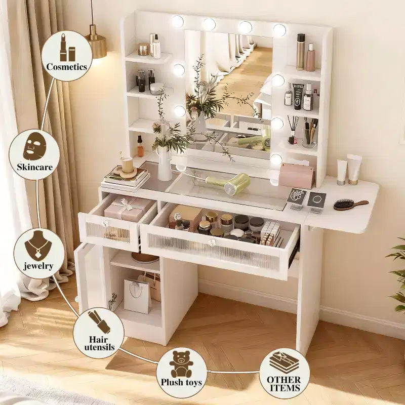 White Vanity Dressing Table with RGB Lighting, Mirror, USB & Power Outlets