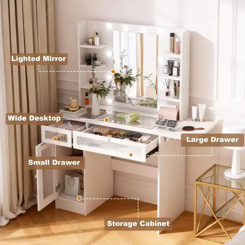 White Vanity Dressing Table with RGB Lighting, Mirror, USB & Power Outlets