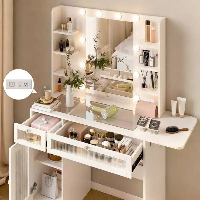 White Vanity Dressing Table with RGB Lighting, Mirror, USB & Power Outlets