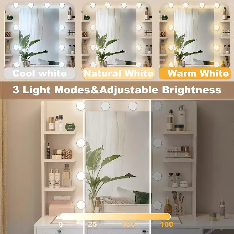 White Vanity Dressing Table with RGB Lighting, Mirror, USB & Power Outlets