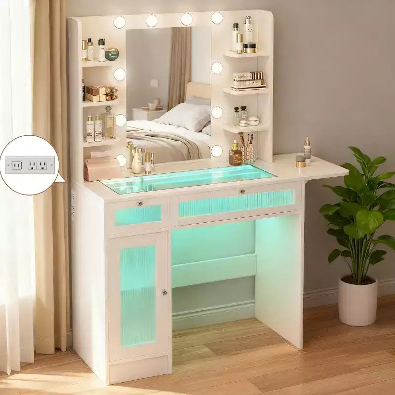 White Vanity Dressing Table with RGB Lighting, Mirror, USB & Power Outlets