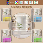White Vanity Dressing Table with RGB Lighting, Mirror, USB & Power Outlets