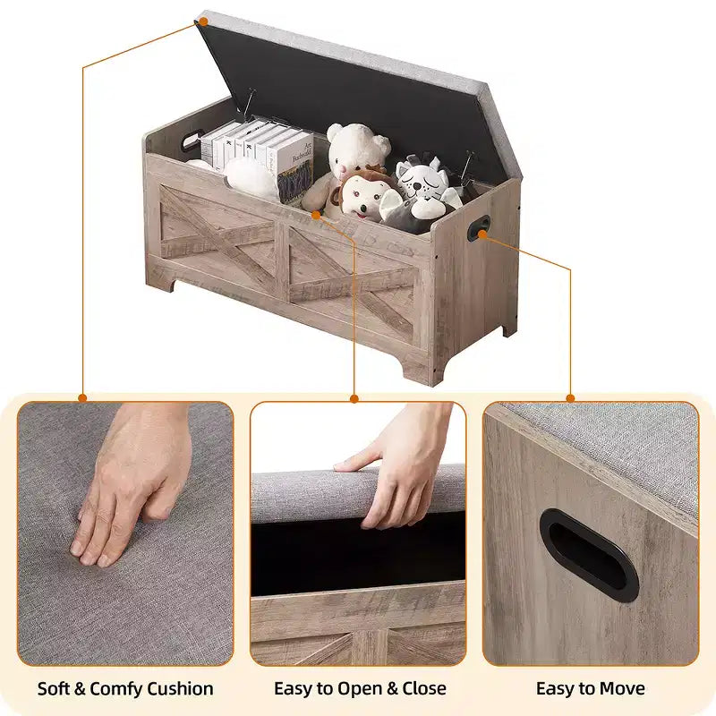 Retro Wooden Storage Chest Bench – Grey, 300 lb Capacity, 2 Safety Hinges