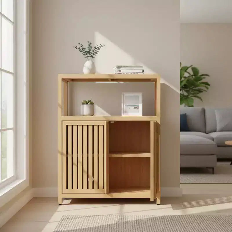Large Capacity Bamboo Storage Cabinet with Double Doors & Open Shelf