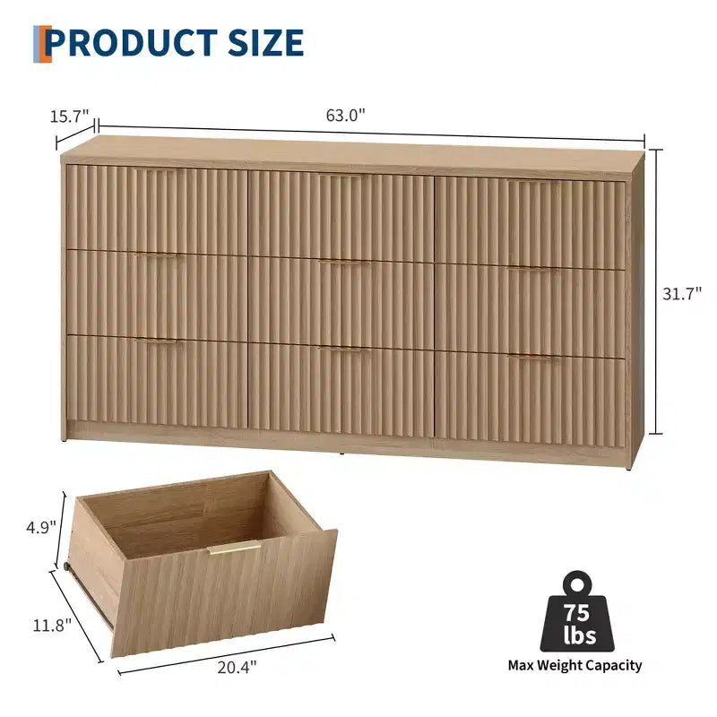 Fluted Dresser for Bedroom, 9 Drawer Dresser, Modern Chest of Drawers, Wooden Dressers Closet Storage Organizer for Living Room Entryway