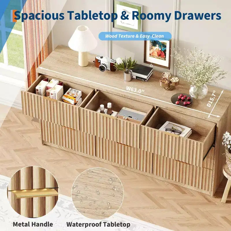 Fluted Dresser for Bedroom, 9 Drawer Dresser, Modern Chest of Drawers, Wooden Dressers Closet Storage Organizer for Living Room Entryway