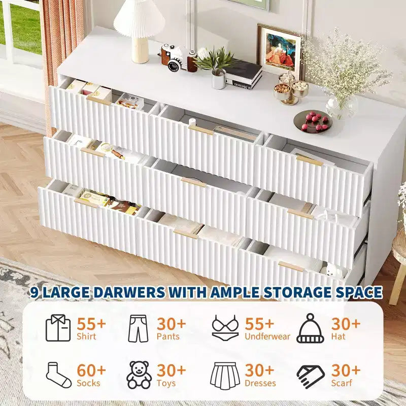 Fluted Dresser for Bedroom, 9 Drawer Dresser, Modern Chest of Drawers, Wooden Dressers Closet Storage Organizer for Living Room Entryway