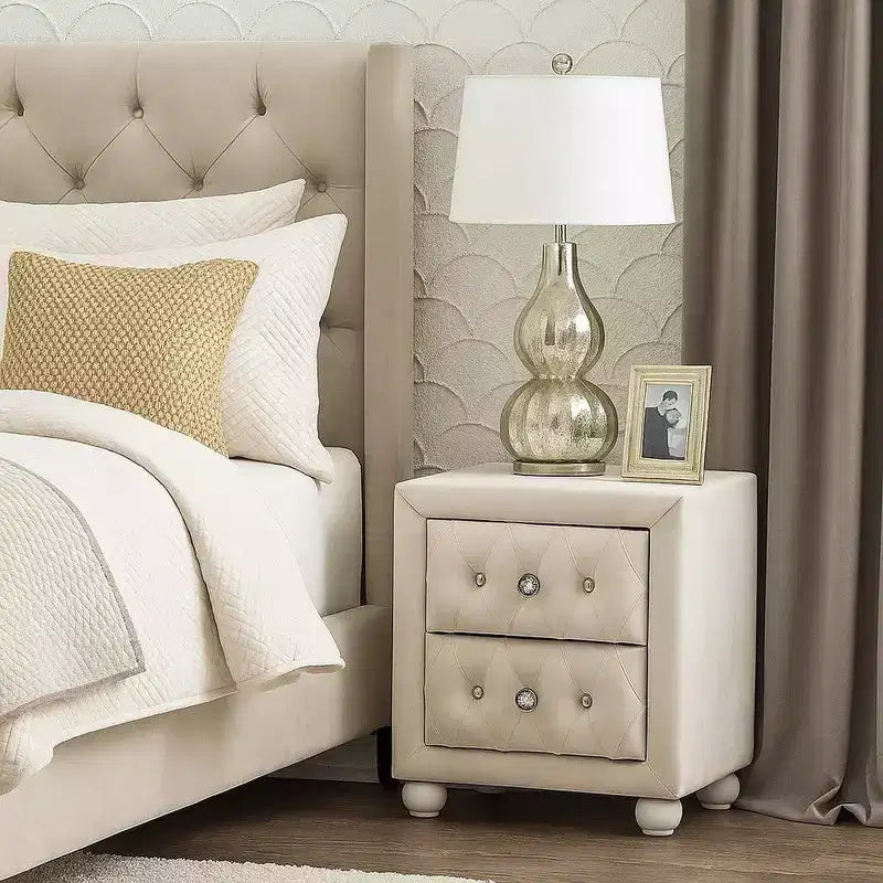 Royal Hampton Nightstand, 2 Drawers, Classic Crystal Tufted Beige Upholstery