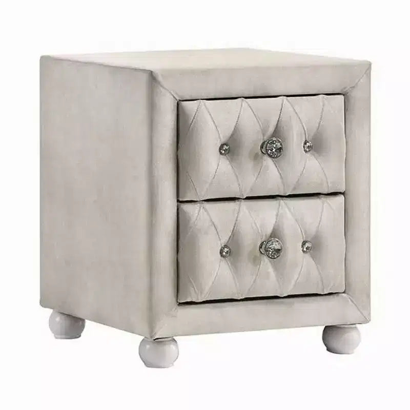 Royal Hampton Nightstand, 2 Drawers, Classic Crystal Tufted Beige Upholstery