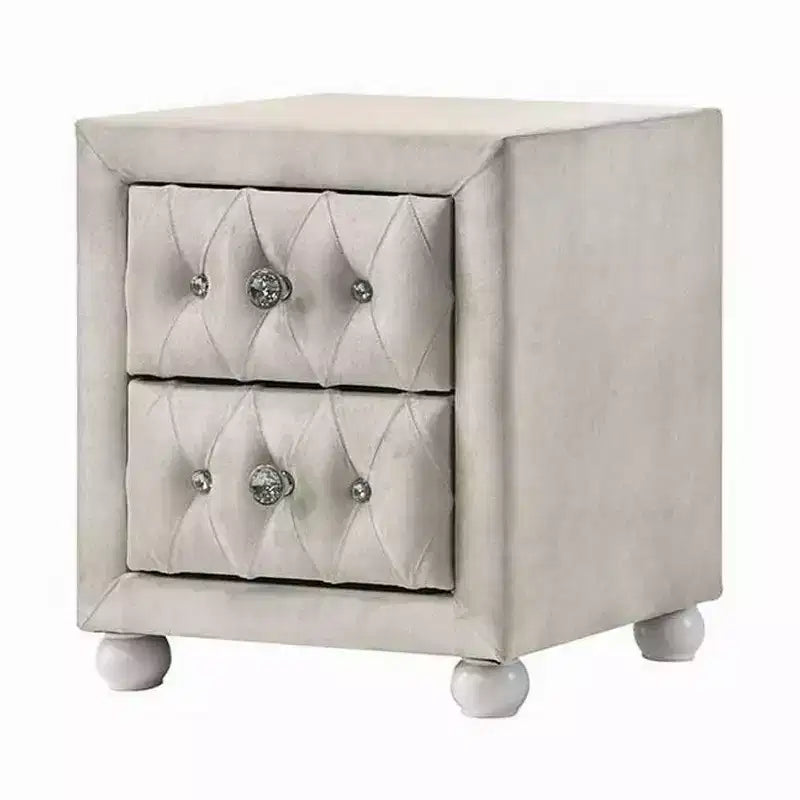 Royal Hampton Nightstand, 2 Drawers, Classic Crystal Tufted Beige Upholstery
