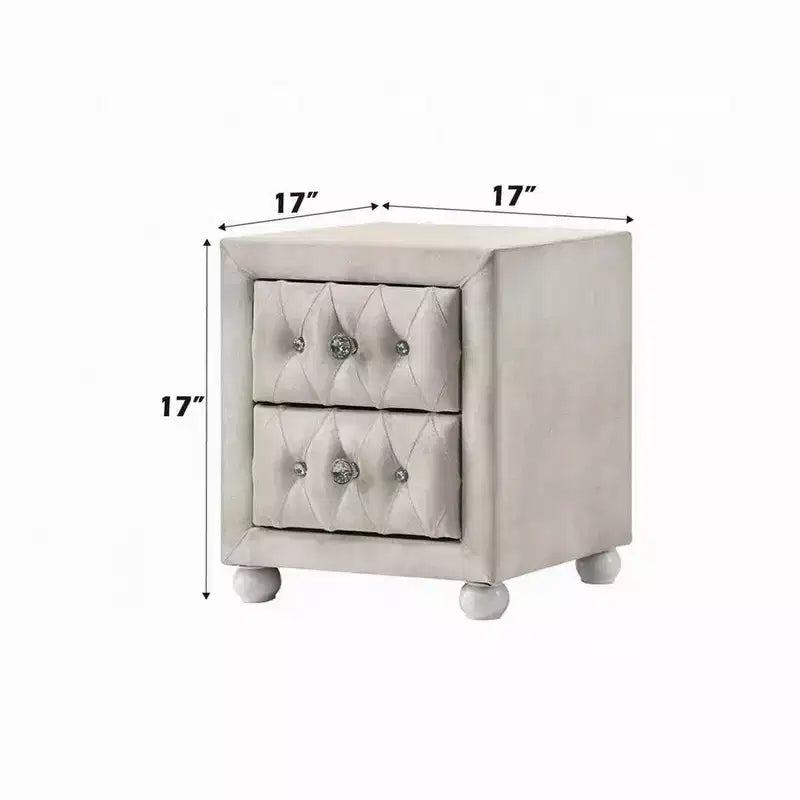 Royal Hampton Nightstand, 2 Drawers, Classic Crystal Tufted Beige Upholstery
