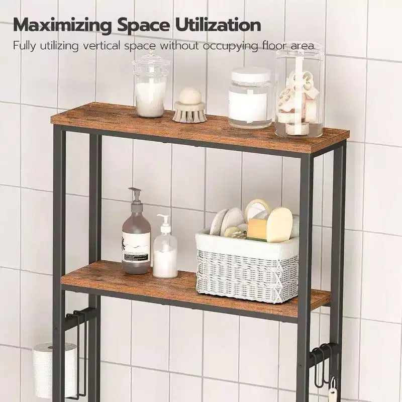 Over Toilet Storage 3 - Tier 2 - Tier Bathroom Organizer Freestanding Shelf with Adjustable Feet Rustic Brown and Black