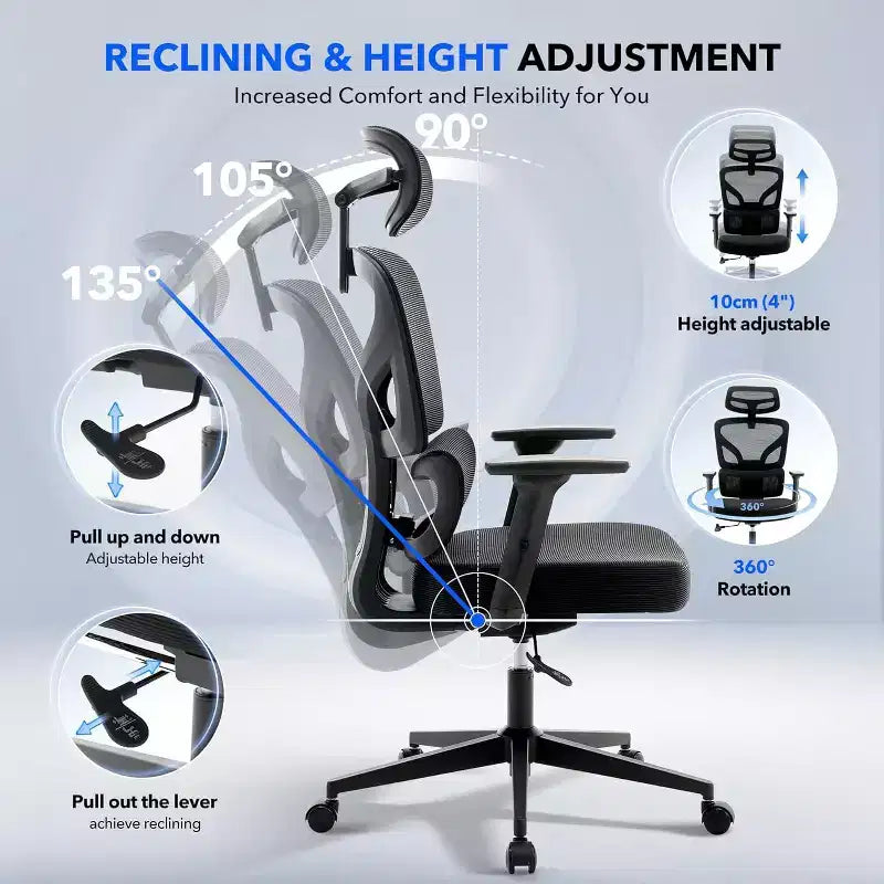 GustoWave Ergonomic Office Chair with Adjustable Lumbar Support, High-Back Mesh Desk Chair, Rolling Swivel Computer Task Chair for Home/Office