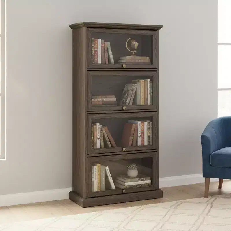 63" Tall 4-Tier Glass Display Cabinet with Flip-Up Doors – Living Room & Office