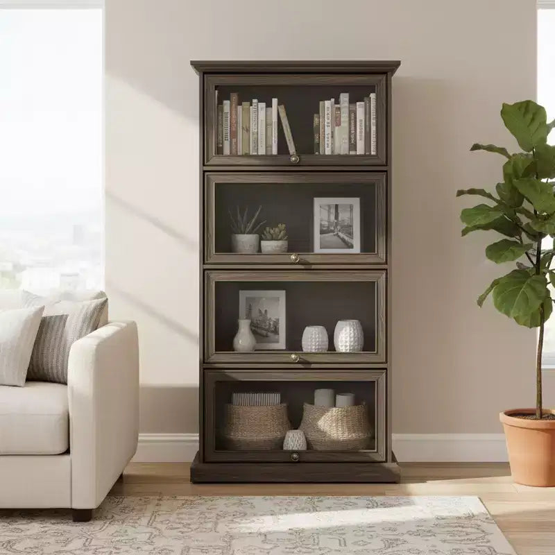63" Tall 4-Tier Glass Display Cabinet with Flip-Up Doors – Living Room & Office