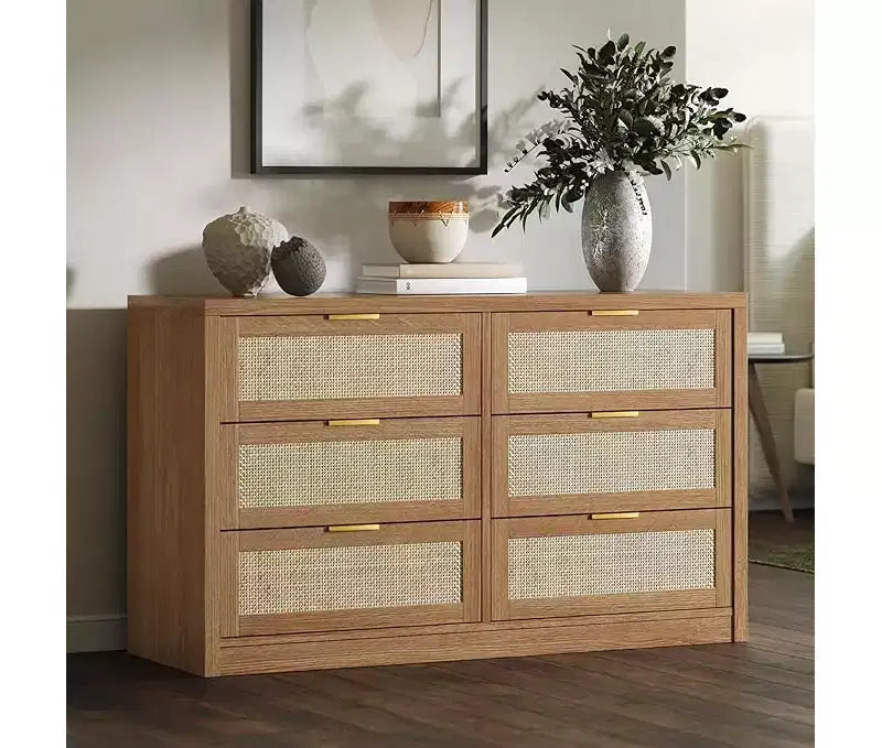 6 Drawer Dresser for Bedroom, Wide Rattan Dresser, Wooden with Gold Handles, Farmhouse Tv Stand Entryway Table, Modern Chest of Drawers for room