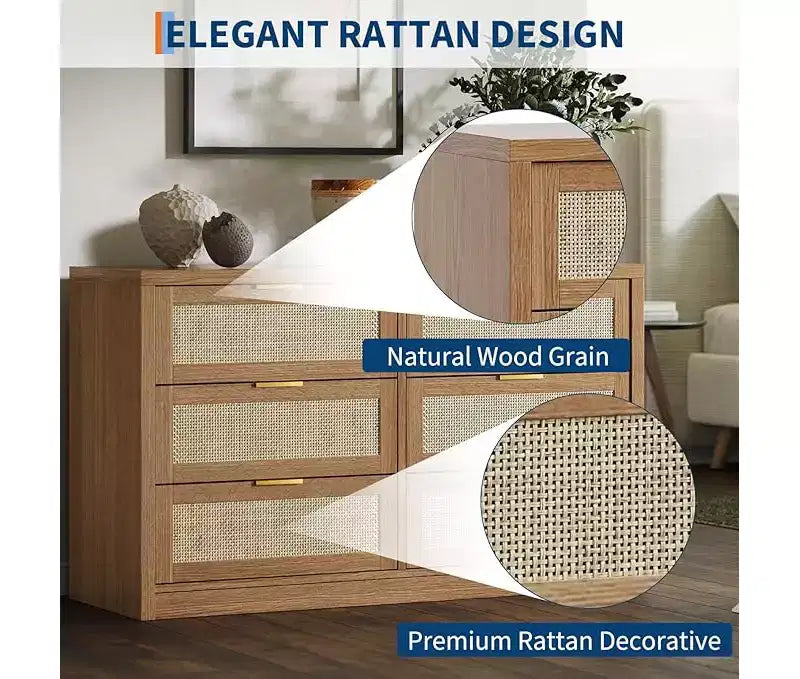 6 Drawer Dresser for Bedroom, Wide Rattan Dresser, Wooden with Gold Handles, Farmhouse Tv Stand Entryway Table, Modern Chest of Drawers for room