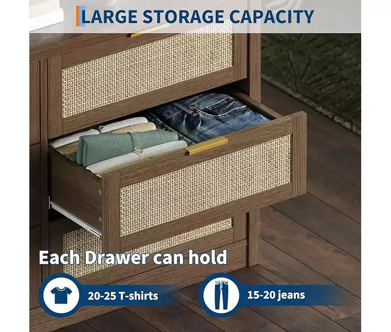 6 Drawer Dresser for Bedroom, Wide Rattan Dresser, Wooden with Gold Handles, Farmhouse Tv Stand Entryway Table, Modern Chest of Drawers for room