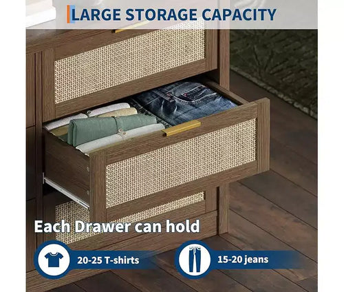 6 Drawer Dresser for Bedroom, Wide Rattan Dresser, Wooden with Gold Handles, Farmhouse Tv Stand Entryway Table, Modern Chest of Drawers for room