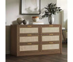 6 Drawer Dresser for Bedroom, Wide Rattan Dresser, Wooden with Gold Handles, Farmhouse Tv Stand Entryway Table, Modern Chest of Drawers for room