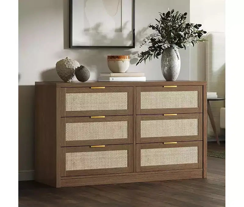 6 Drawer Dresser for Bedroom, Wide Rattan Dresser, Wooden with Gold Handles, Farmhouse Tv Stand Entryway Table, Modern Chest of Drawers for room