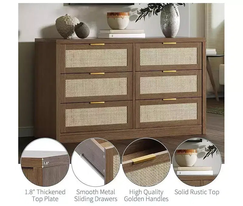 6 Drawer Dresser for Bedroom, Wide Rattan Dresser, Wooden with Gold Handles, Farmhouse Tv Stand Entryway Table, Modern Chest of Drawers for room