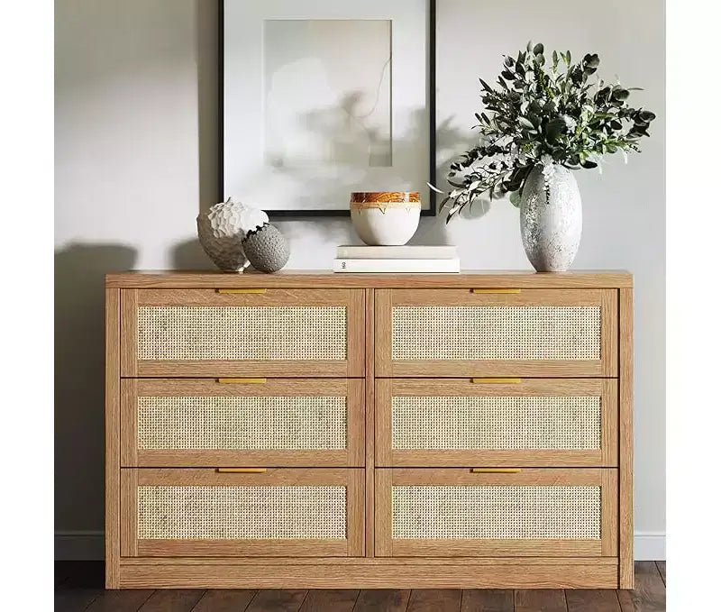 6 Drawer Dresser for Bedroom, Wide Rattan Dresser, Wooden with Gold Handles, Farmhouse Tv Stand Entryway Table, Modern Chest of Drawers for room