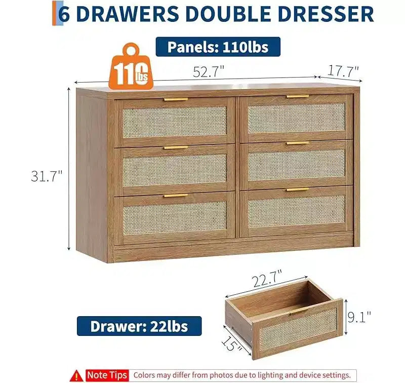 6 Drawer Dresser for Bedroom, Wide Rattan Dresser, Wooden with Gold Handles, Farmhouse Tv Stand Entryway Table, Modern Chest of Drawers for room