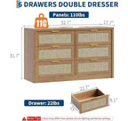 6 Drawer Dresser for Bedroom, Wide Rattan Dresser, Wooden with Gold Handles, Farmhouse Tv Stand Entryway Table, Modern Chest of Drawers for room