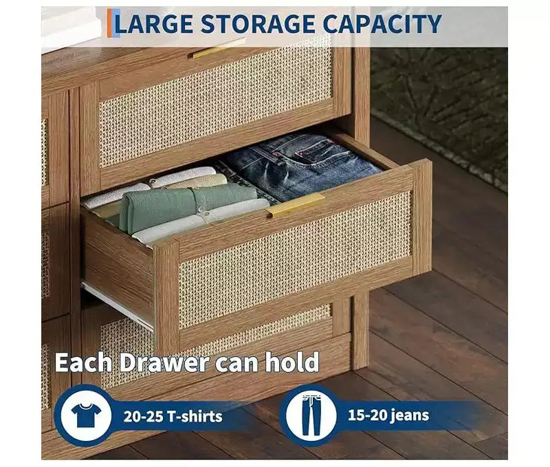 6 Drawer Dresser for Bedroom, Wide Rattan Dresser, Wooden with Gold Handles, Farmhouse Tv Stand Entryway Table, Modern Chest of Drawers for room