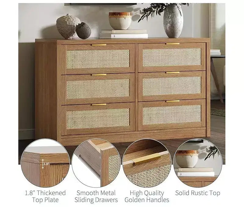 6 Drawer Dresser for Bedroom, Wide Rattan Dresser, Wooden with Gold Handles, Farmhouse Tv Stand Entryway Table, Modern Chest of Drawers for room