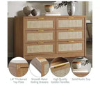 6 Drawer Dresser for Bedroom, Wide Rattan Dresser, Wooden with Gold Handles, Farmhouse Tv Stand Entryway Table, Modern Chest of Drawers for room
