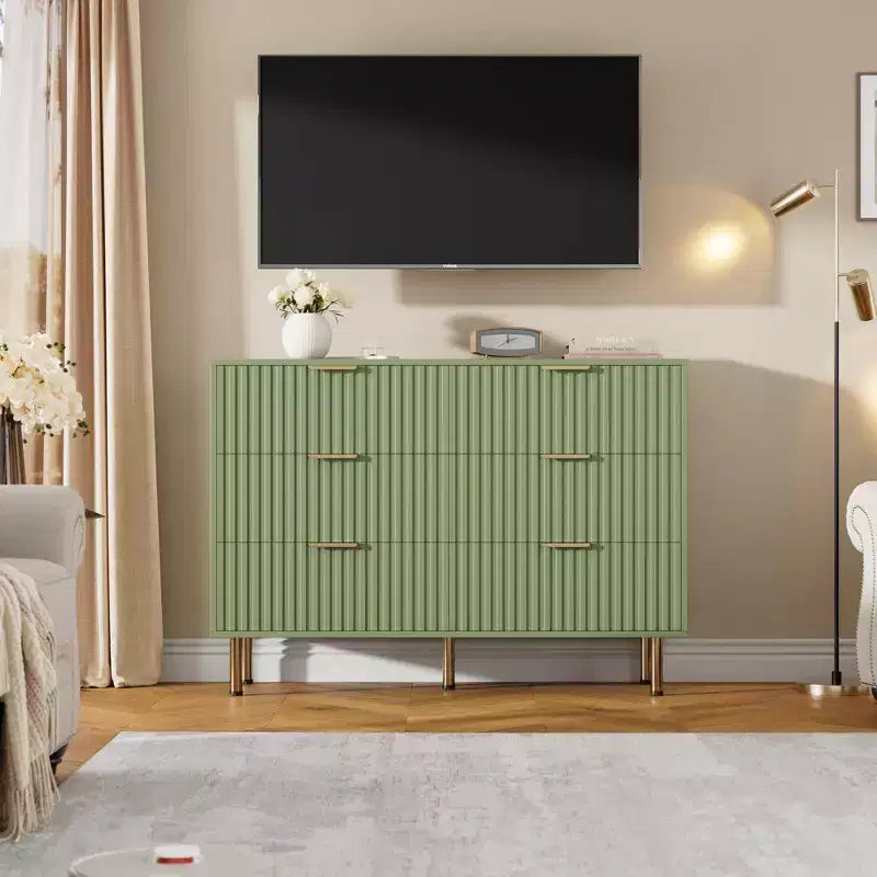 6-Drawer Double Dresser, 47.2 Fluted Wood Chest with Deep Storage & Large Top - TV Stand for Living Room, Bedroom, Hallway