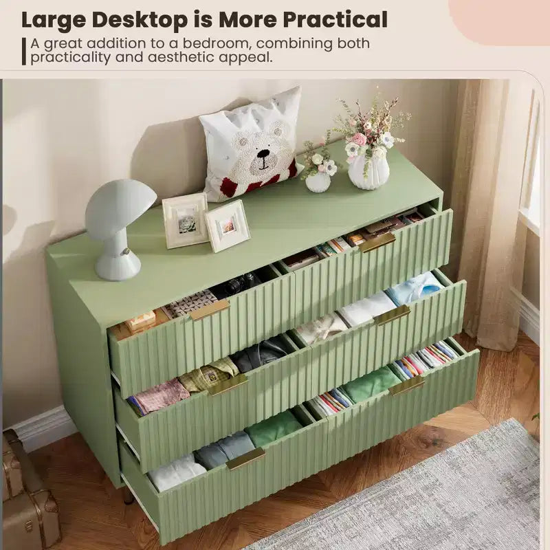 6-Drawer Double Dresser, 47.2 Fluted Wood Chest with Deep Storage & Large Top - TV Stand for Living Room, Bedroom, Hallway